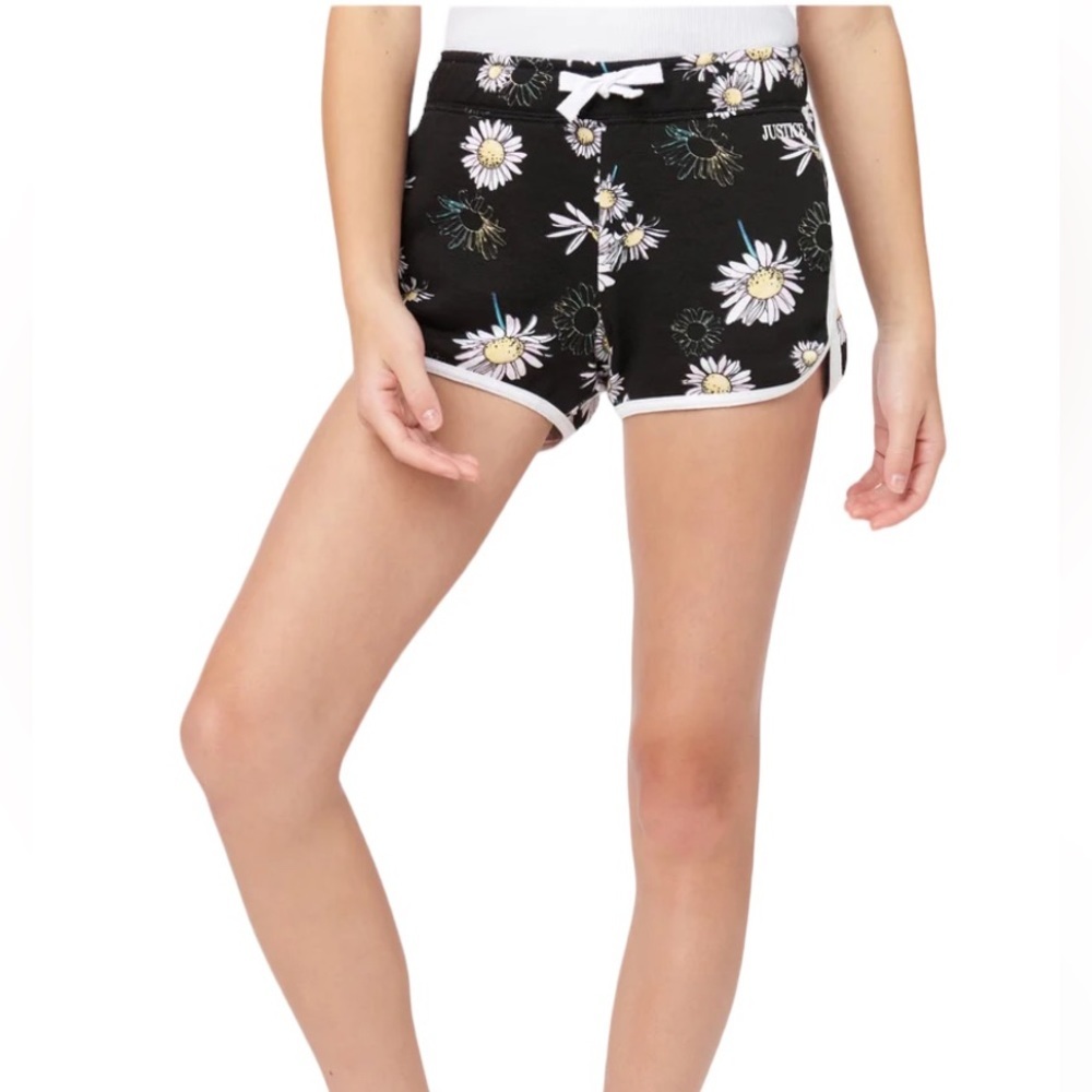 Justice Girls Black Daisy Print Dolphin Shorts Elastic Waist Size L (12/14)